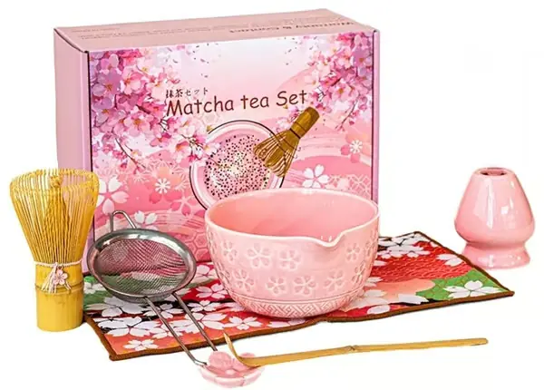 7-delt japansk matcha tesett, matcha sett, matcha startsett, matcha visp, rosa