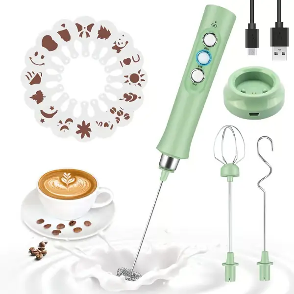 Stille Håndholdt Melkeskummer - USB Oppladbar, 3 Hastigheter for Cappuccino, Latte & Varm Sjokolade (Grønn)