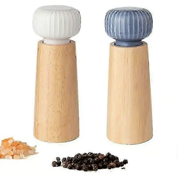 2 stk. salt- og pepperkvern i tre med keramisk lokksett, justerbare grove kverner, påfyllbar salt og pepper (blå+hvit)--indigoblå hvit