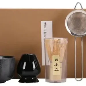 Matcha seremoni-sett 6 deler med bambusvisp, skje, keramisk bolle, sil i rustfritt stål, stativ for nybegynnere og teelskere, svart