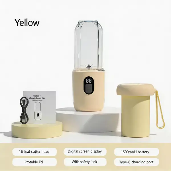 Blender, med 16 kniver og lokk, med mini LED-skjerm, 500 ml (gul)