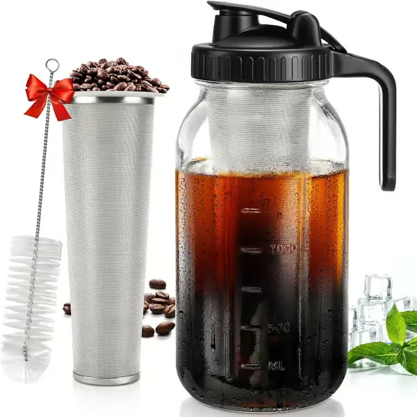64oz kald brygg kaffemaskin, 2 kvart tykknet bred munn med ultra tett rustfritt stål filter(svart)