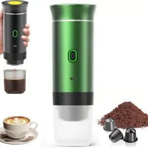 Bærbar Kaffemaskin for Reise, Trådløs for Bilbruk, 12 Volt, Espresso, Kapselkaffe, Malt Kaffe, Kopper, Oppladbar, Grønn-2025
