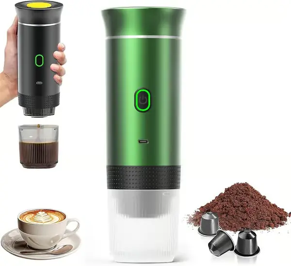 Bærbar Kaffemaskin for Reise, Trådløs for Bilbruk, 12 Volt, Espresso, Kapselkaffe, Malt Kaffe, Kopper, Oppladbar, Grønn-2025