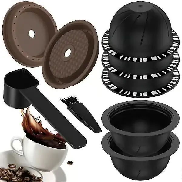 [KK] 5 gjenbrukbare Vertuo-kapsler for Nespresso-maskin, kaffekapsel med 2 silikonlokk, 1 skje og børste