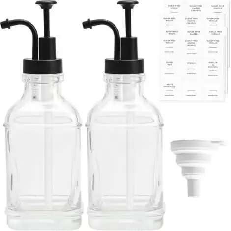 Sett med 2 x 500 ml glassirupdispensere med pumper og etiketter for kaffesirup, kjøkken, bar, med trakt og 36 klistremerker