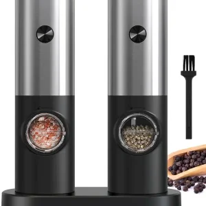 Elektrisk pepper- og saltkvernsett, batteridrevet justerbare grovhetsnivåer svart pepperkvern med stativ