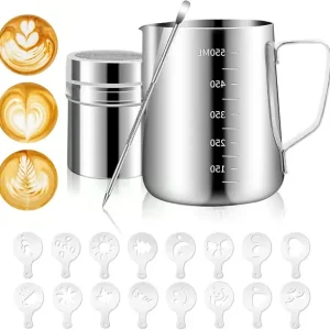 Melkeskummerkanne i rustfritt stål 550 ml, med latte art-penn, pulvershaker, 16 kaffedekorasjonsmaler
