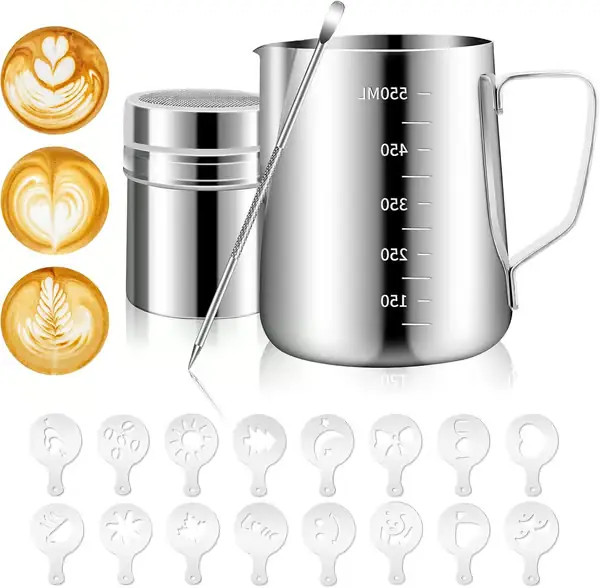 Melkeskummerkanne i rustfritt stål 550 ml, med latte art-penn, pulvershaker, 16 kaffedekorasjonsmaler