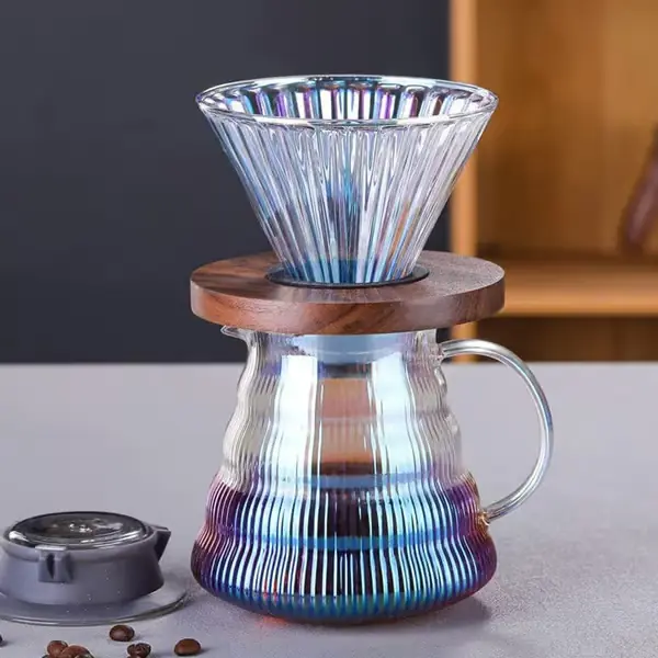 Sett for pour-over kaffebrygger med dryppfilter, kaffebryggersett i glass, glasskaffefilter med trebase, egnet for hjemmekontorgave