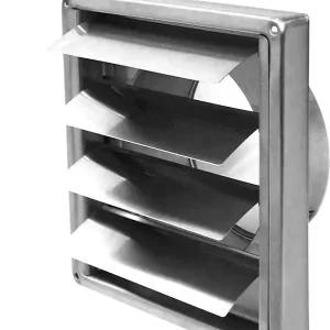 Ventilasjonsrist i rustfritt stål 150 mm med justerbare lameller, kanaltilkobling for avtrekksvifte, kjøkkenhette, veggventil