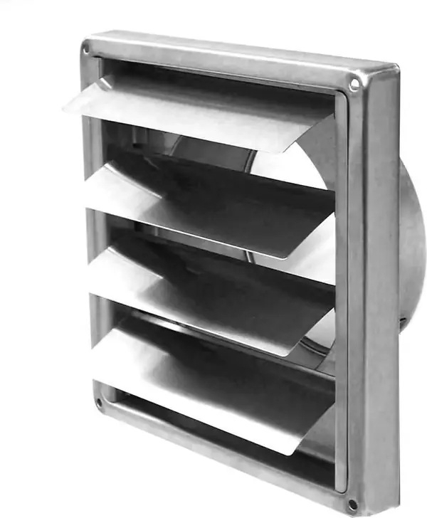 Ventilasjonsrist i rustfritt stål 150 mm med justerbare lameller, kanaltilkobling for avtrekksvifte, kjøkkenhette, veggventil