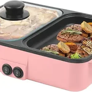 Hot Pot med Grill, 2 i 1 Innendørs Non-Stick Elektrisk Hot Pot og Stekepanne, Uavhengig Temperaturkontroll (Rosa)