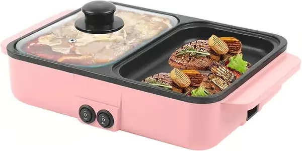 Hot Pot med Grill, 2 i 1 Innendørs Non-Stick Elektrisk Hot Pot og Stekepanne, Uavhengig Temperaturkontroll (Rosa)