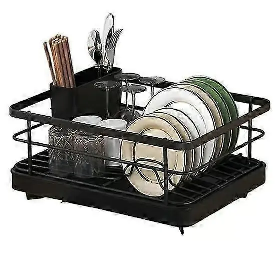 Stort Oppvaskstativ med Automatisk Drenering og Sklisikkert Design - Stabilt, Plassbesparende, Enkel Installering black