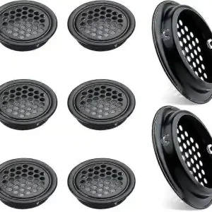 Sett med 8 runde ventilasjonsgitter i rustfritt stål, 53 mm, svart