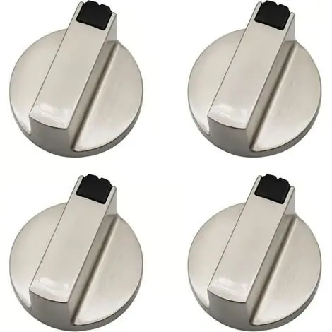 Sett med 4 kontrollknapper i metall – Ripebestandig sinklegering – 6 mm akseldiameter – For gasskomfyrer og ovner