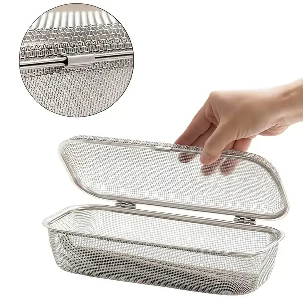 Oppvaskmaskin Bestikkurv, 304 Rustfritt Stål Finmasket Med Hengslet Lokk, For Oppbevaring Av Små Redskaper, 26,5 x 11,5 x 7,5 cm