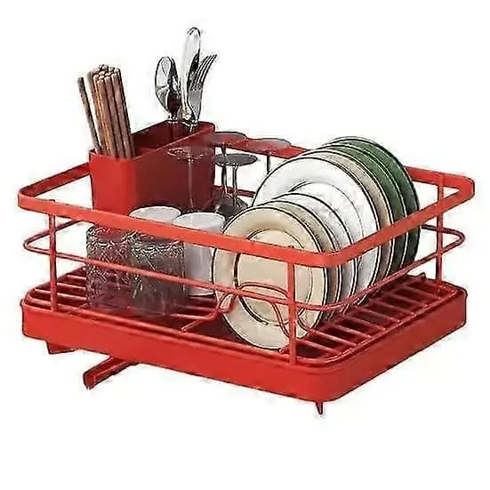Stort oppvaskstativ med automatisk drenering og sklisikker design, stabilt, plassbesparende, enkel installasjon, rødt red