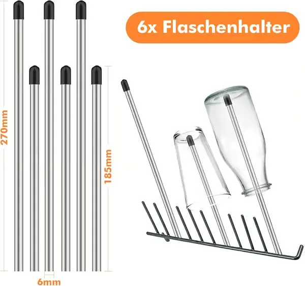 Oppvaskmaskin flaskeholder sett med 6, 304 rustfritt stål ripefri flaskestativ med gummikapper for Soda Stream og glassflasker