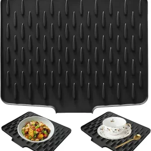 Silikon tørkematte med avløp, sklisikker varmebestandig dreneringspute for kjøkkenvask eller bad, svart 40 x 32 cm