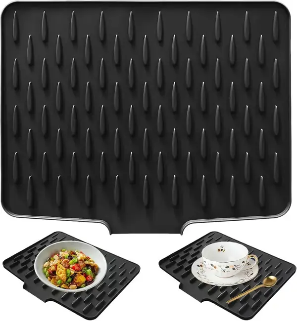 Silikon tørkematte med avløp, sklisikker varmebestandig dreneringspute for kjøkkenvask eller bad, svart 40 x 32 cm