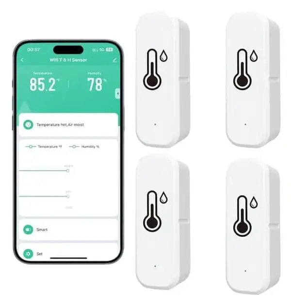 Trådløs termometer & hygrometer 4-pakning – Smart WiFi temperatur- og fuktighetsmåler med app, varsler & fjernovervåking Hvit