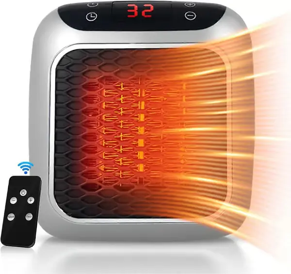 Bærbar Varmevifte, 800W Keramisk Veggkontakt Varmevifte, Elektrisk Viftevarmer med Fjernkontroll, 12H Timer, LED-Display, 2 Varmeinnstillinger