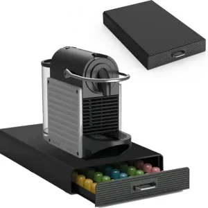 BRASQ Nespresso Kapselholder med Skuff, 50 Kapsler Oppbevaringsorganisator for Kaffemaskin, Plassbesparende Anti-skli Base, Svart