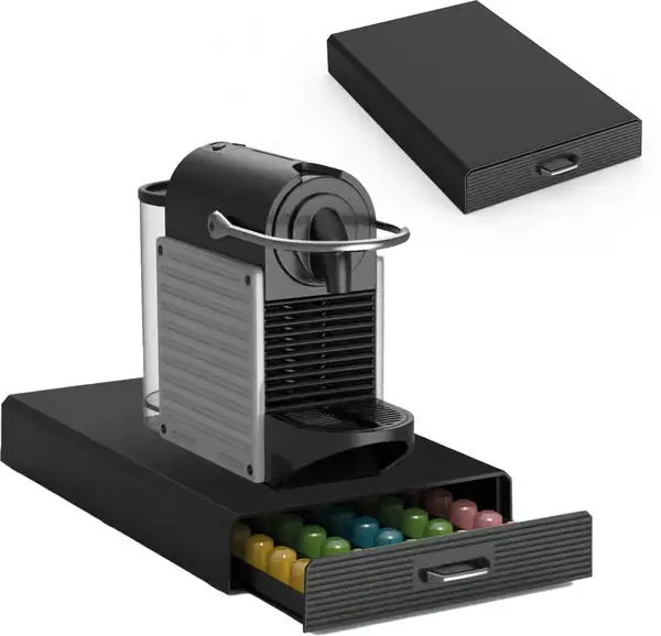 BRASQ Nespresso Kapselholder med Skuff, 50 Kapsler Oppbevaringsorganisator for Kaffemaskin, Plassbesparende Anti-skli Base, Svart