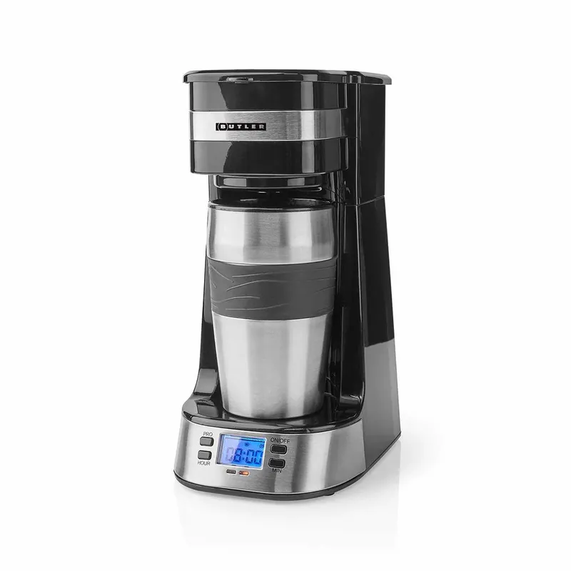 Enkeltporsjonskaffetrakter med timer og reisekrus, svart